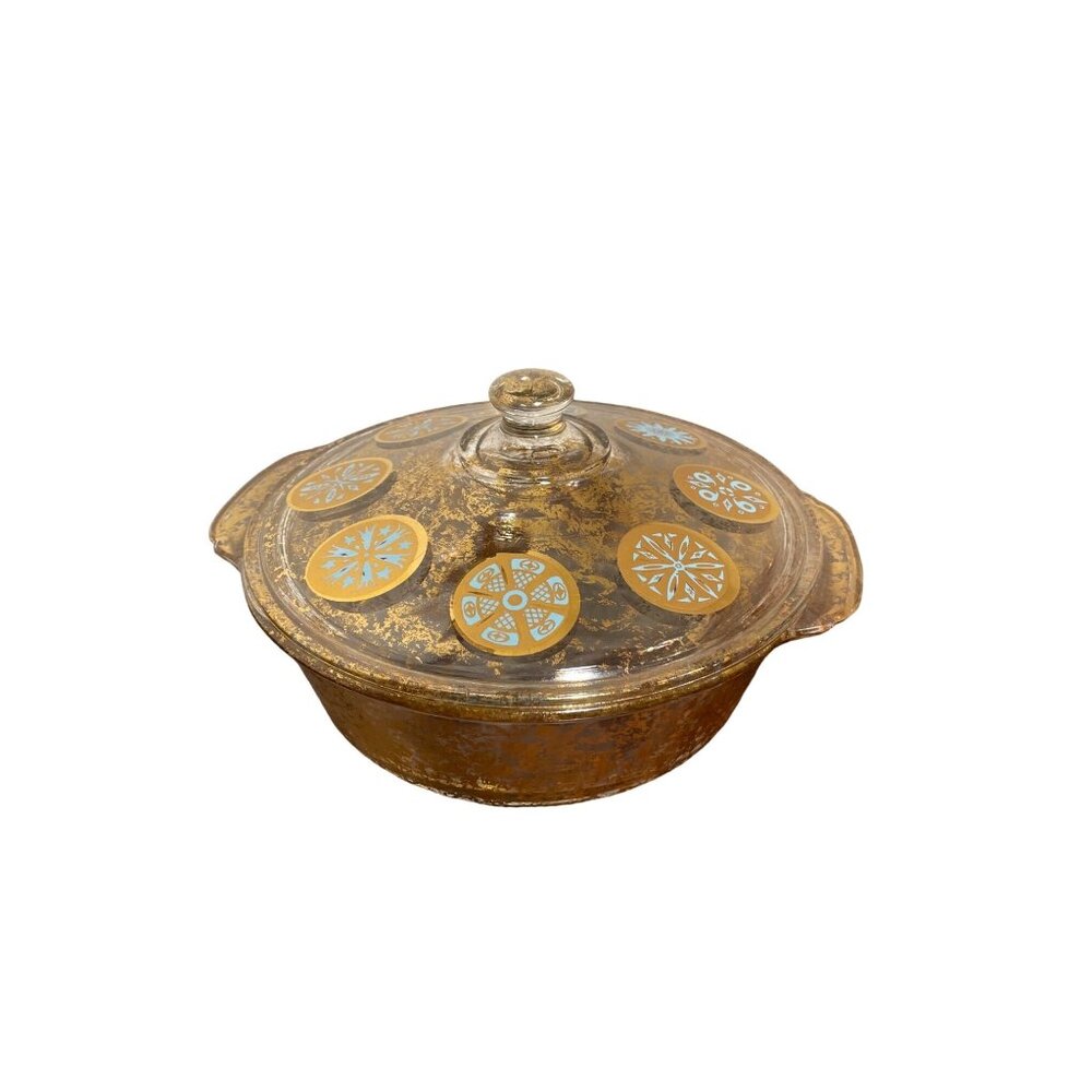 Vintage Georges Briard Fire-King 2-Quart Glass Casserole Dish With Lid - Gold An